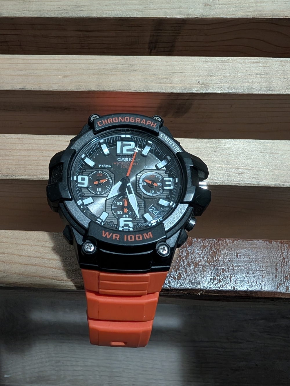 Casio Chronograph WR100M Black Dial Orange Strap Sport Watch